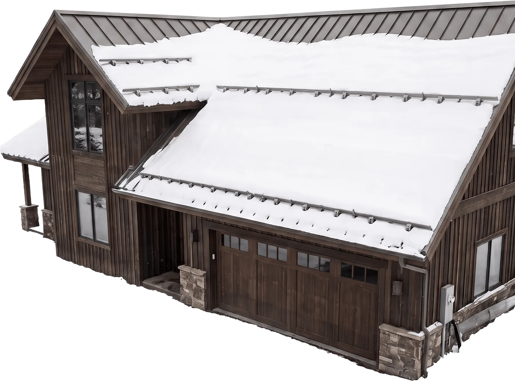 Snow-covered metal roof with S-5! snow retention system
